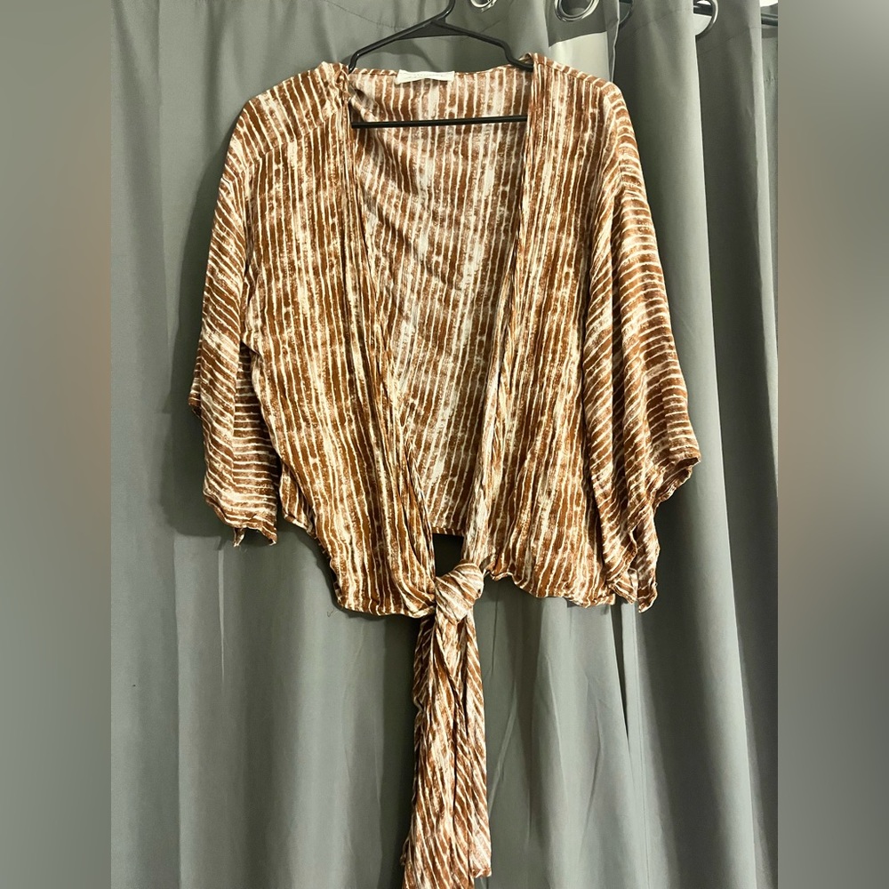 American Threads Striped Bell Sleeve Tie-Front Top - Women’s Large